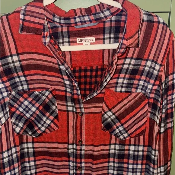Merona Women’s Orange and Navy Plaid Shirt - Picture 2 of 2
